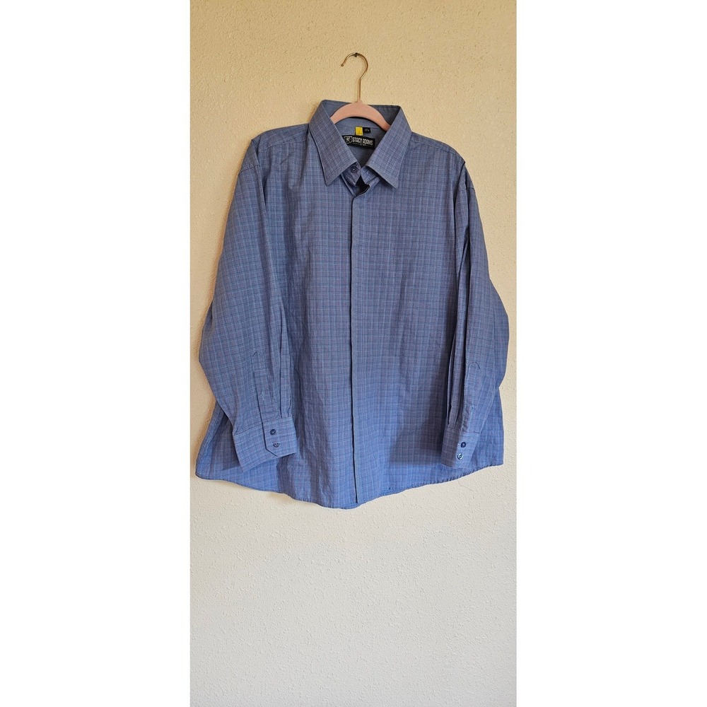 Stacy Adams Mens Blue Plaid Long Sleeve Button Down Dress Shirt 18.5 34/35